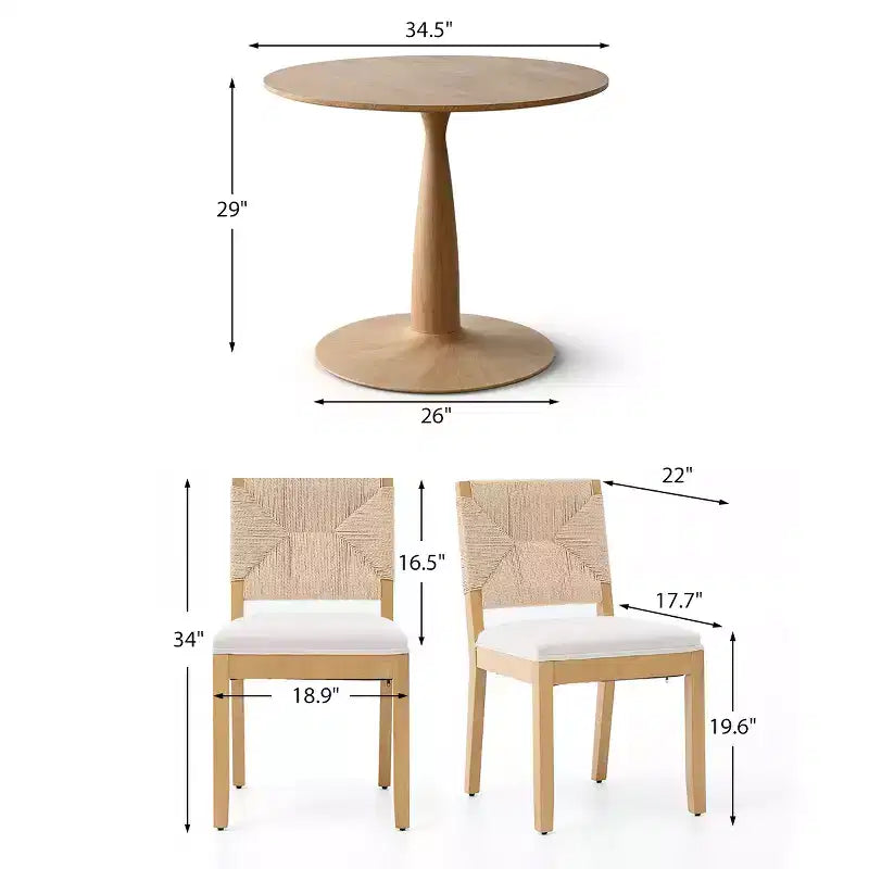 3-teiliges modernes Esszimmer-Set, runder Säulentisch und 2 Holzstühle mit geflochtener Rückenlehne, Küchenset für kleine Esszimmer - Panipeachy