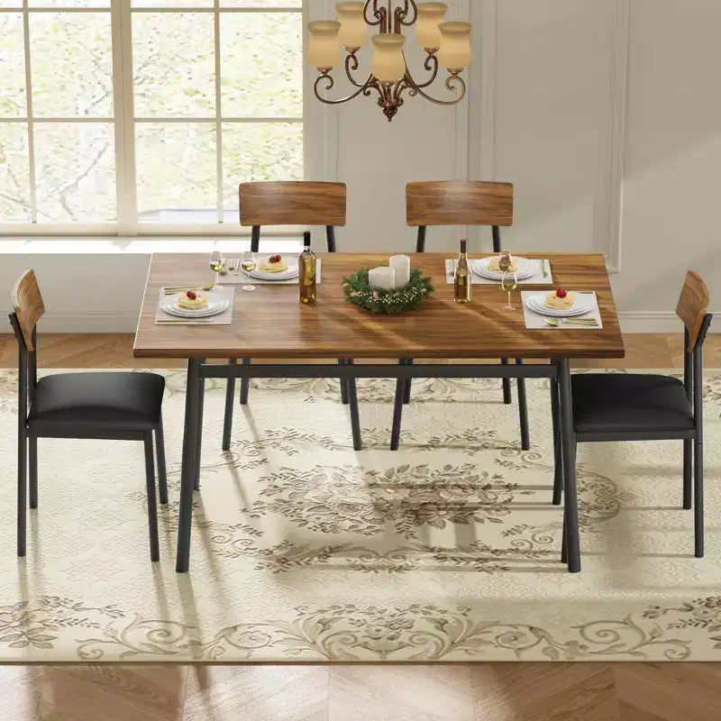 5-delige houten eettafelset voor 4 personen, tafel met gladde randen en 4 gestoffeerde stoelen, compacte keukeneetset voor appartementen en kleine ruimtes