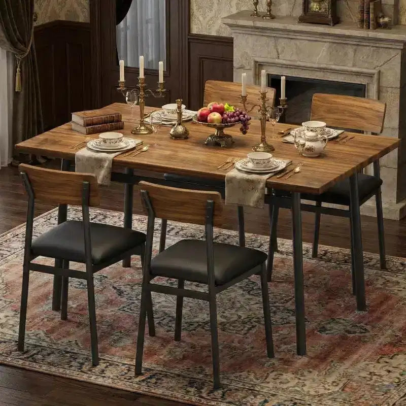 5-delige houten eettafelset voor 4 personen, tafel met gladde randen en 4 gestoffeerde stoelen, compacte keukeneetset voor appartementen en kleine ruimtes