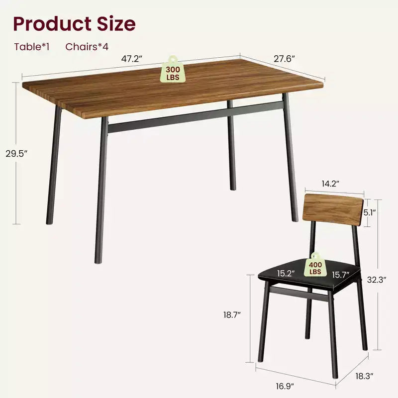 5-delige houten eettafelset voor 4 personen, tafel met gladde randen en 4 gestoffeerde stoelen, compacte keukeneetset voor appartementen en kleine ruimtes