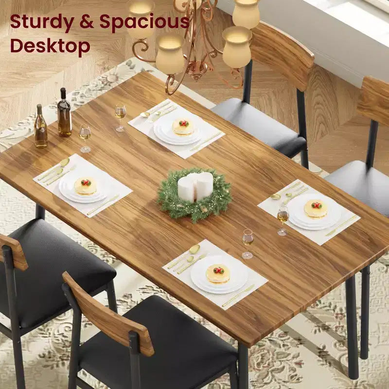 5-delige houten eettafelset voor 4 personen, tafel met gladde randen en 4 gestoffeerde stoelen, compacte keukeneetset voor appartementen en kleine ruimtes