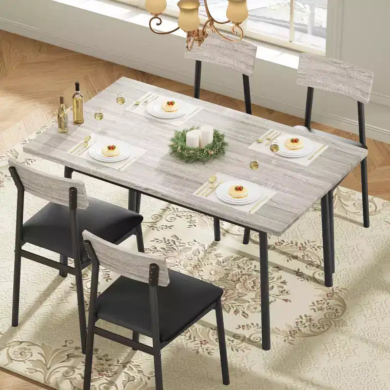 5-delige houten eettafelset voor 4 personen, tafel met gladde randen en 4 gestoffeerde stoelen, compacte keukeneetset voor appartementen en kleine ruimtes