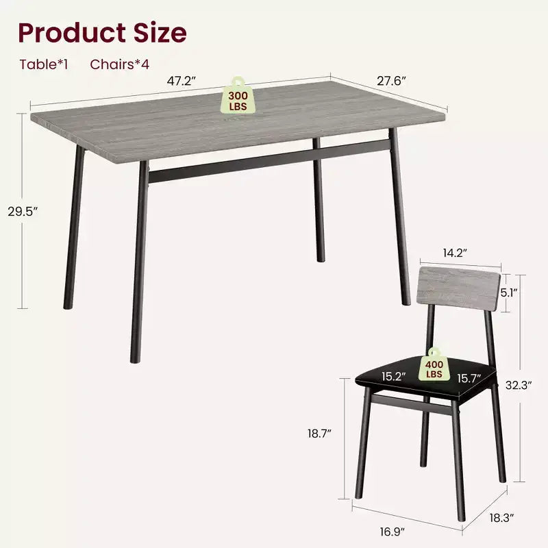 5-delige houten eettafelset voor 4 personen, tafel met gladde randen en 4 gestoffeerde stoelen, compacte keukeneetset voor appartementen en kleine ruimtes