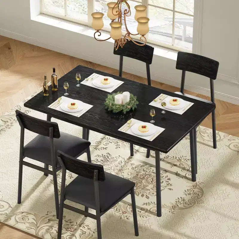 5-delige houten eettafelset voor 4 personen, tafel met gladde randen en 4 gestoffeerde stoelen, compacte keukeneetset voor appartementen en kleine ruimtes