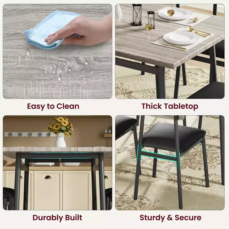 5-delige houten eettafelset voor 4 personen, tafel met gladde randen en 4 gestoffeerde stoelen, compacte keukeneetset voor appartementen en kleine ruimtes