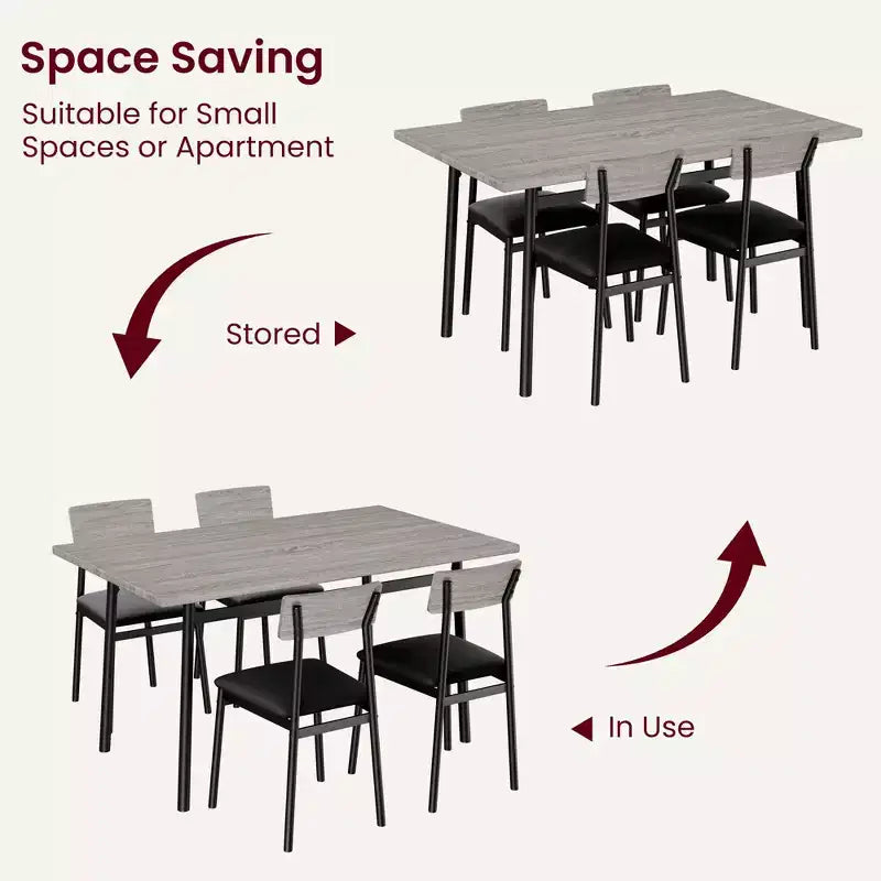 5-delige houten eettafelset voor 4 personen, tafel met gladde randen en 4 gestoffeerde stoelen, compacte keukeneetset voor appartementen en kleine ruimtes