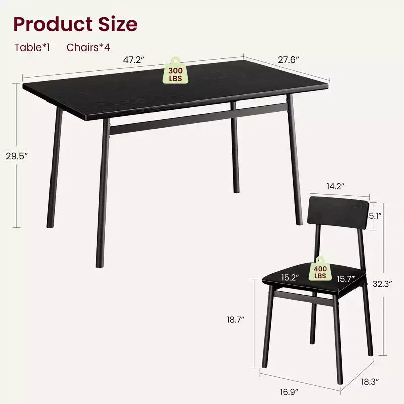 5-delige houten eettafelset voor 4 personen, tafel met gladde randen en 4 gestoffeerde stoelen, compacte keukeneetset voor appartementen en kleine ruimtes