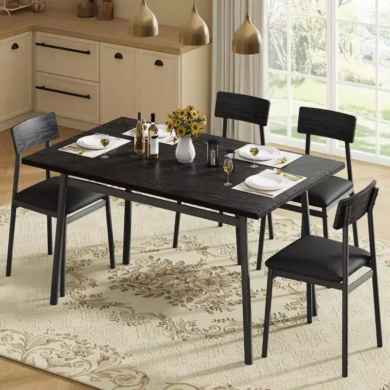 5-delige houten eettafelset voor 4 personen, tafel met gladde randen en 4 gestoffeerde stoelen, compacte keukeneetset voor appartementen en kleine ruimtes