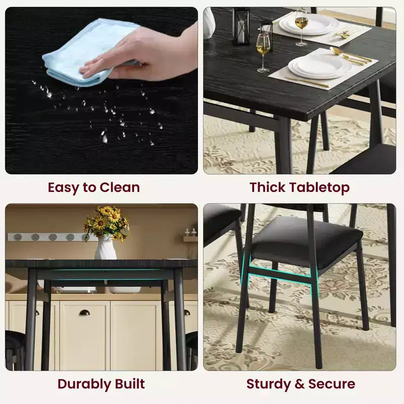 5-delige houten eettafelset voor 4 personen, tafel met gladde randen en 4 gestoffeerde stoelen, compacte keukeneetset voor appartementen en kleine ruimtes
