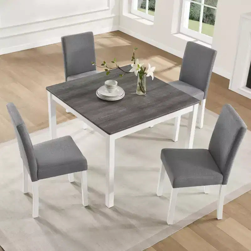 GDFStudio Roseanne modernes 5-teiliges Esszimmer-Set aus Kautschukholz mit 4 leinenbezogenen Stühlen