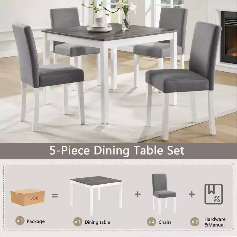 GDFStudio Roseanne modernes 5-teiliges Esszimmer-Set aus Kautschukholz mit 4 leinenbezogenen Stühlen