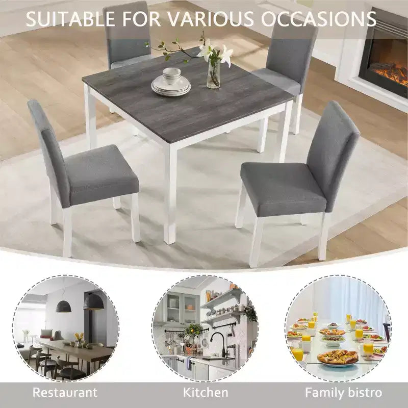 GDFStudio Roseanne modernes 5-teiliges Esszimmer-Set aus Kautschukholz mit 4 leinenbezogenen Stühlen