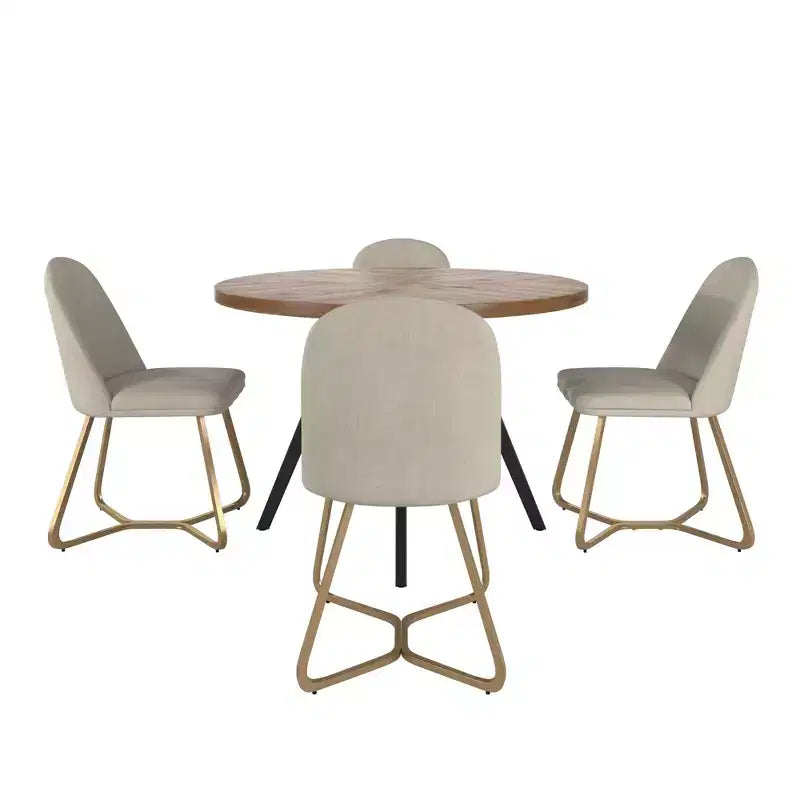 Jolana ronde eettafel van 45 met eiken blad en zwarte afwerking, met set linnen gestoffeerde eetkamerstoelen - iNSPIRE Q