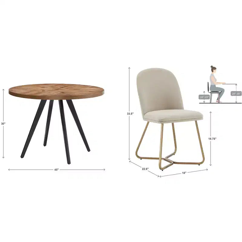 Jolana ronde eettafel van 45 met eiken blad en zwarte afwerking, met set linnen gestoffeerde eetkamerstoelen - iNSPIRE Q