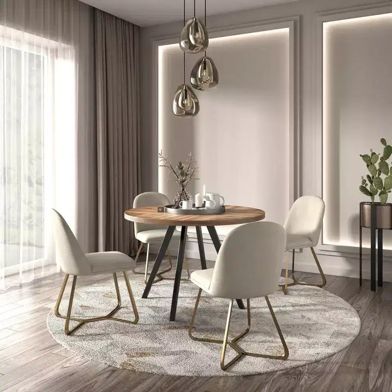 Jolana ronde eettafel van 45 met eiken blad en zwarte afwerking, met set linnen gestoffeerde eetkamerstoelen - iNSPIRE Q
