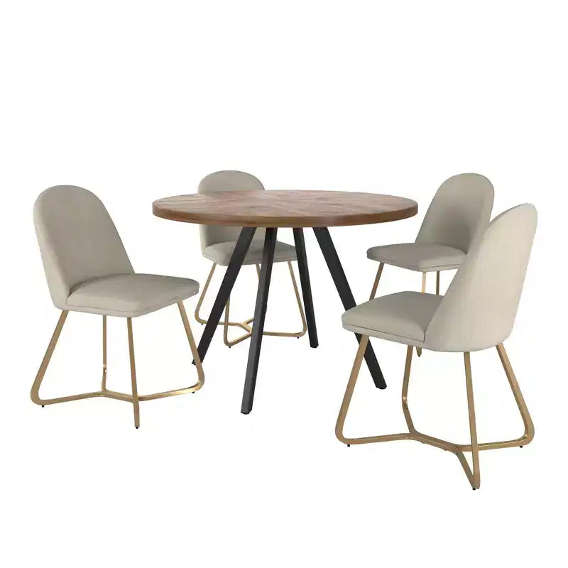 Jolana ronde eettafel van 45 met eiken blad en zwarte afwerking, met set linnen gestoffeerde eetkamerstoelen - iNSPIRE Q