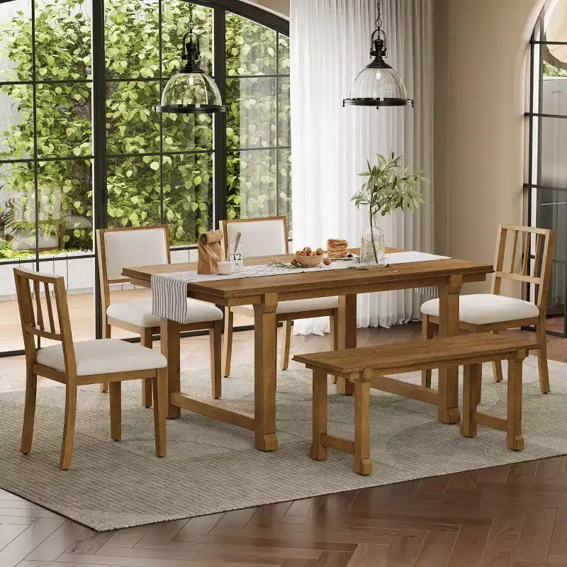 ModernLuxe set blagovaonskog stola sa 6 komada, blagovaonski set za 6 osoba, obiteljski kuhinjski stol sa ergonomskim tapeciranim blagovaonskim stolicama i klupom