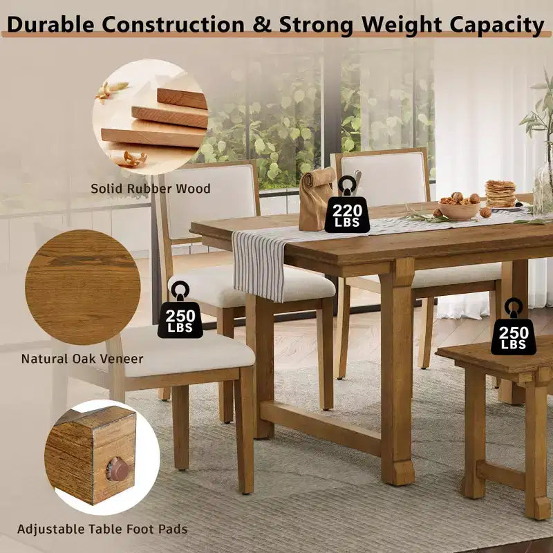 ModernLuxe set blagovaonskog stola sa 6 komada, blagovaonski set za 6 osoba, obiteljski kuhinjski stol sa ergonomskim tapeciranim blagovaonskim stolicama i klupom