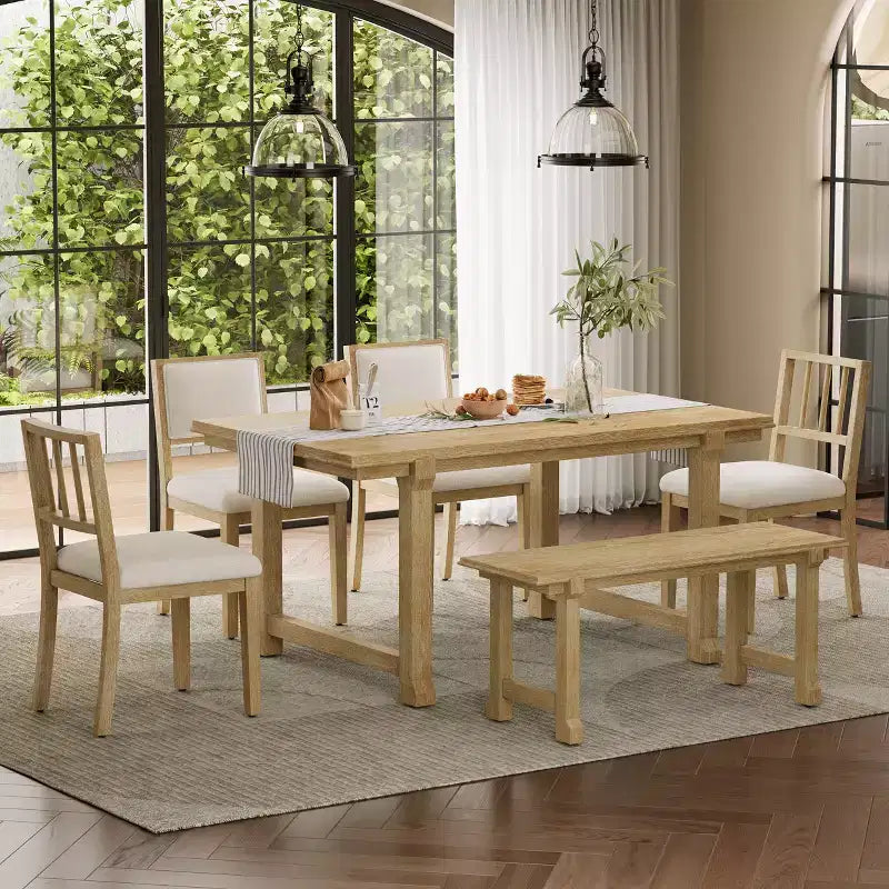 ModernLuxe set blagovaonskog stola sa 6 komada, blagovaonski set za 6 osoba, obiteljski kuhinjski stol sa ergonomskim tapeciranim blagovaonskim stolicama i klupom