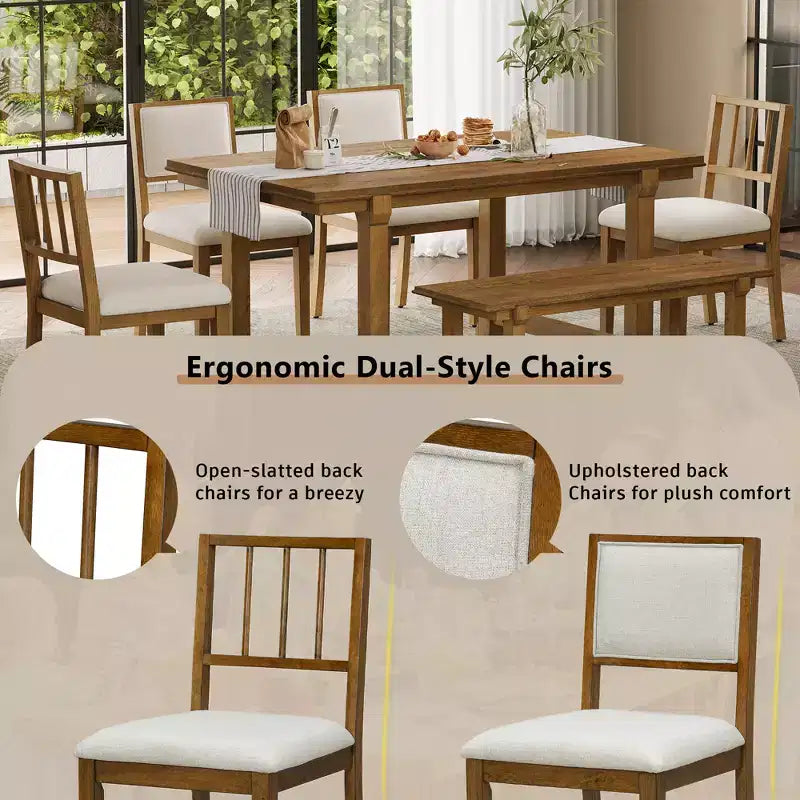 ModernLuxe set blagovaonskog stola sa 6 komada, blagovaonski set za 6 osoba, obiteljski kuhinjski stol sa ergonomskim tapeciranim blagovaonskim stolicama i klupom