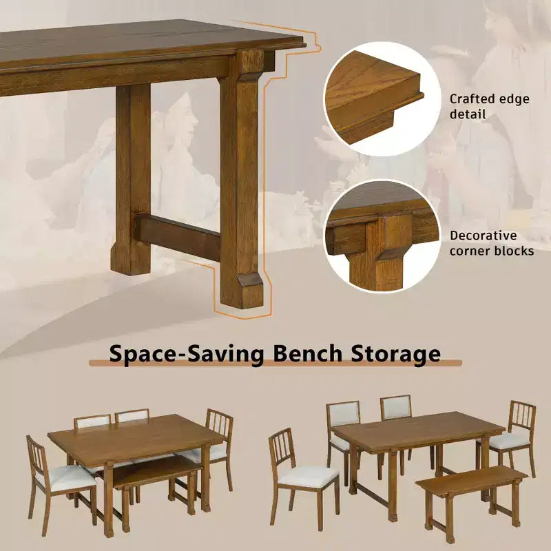 ModernLuxe set blagovaonskog stola sa 6 komada, blagovaonski set za 6 osoba, obiteljski kuhinjski stol sa ergonomskim tapeciranim blagovaonskim stolicama i klupom