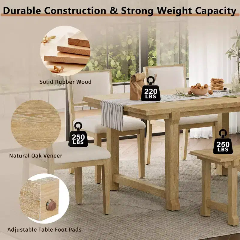 ModernLuxe set blagovaonskog stola sa 6 komada, blagovaonski set za 6 osoba, obiteljski kuhinjski stol sa ergonomskim tapeciranim blagovaonskim stolicama i klupom