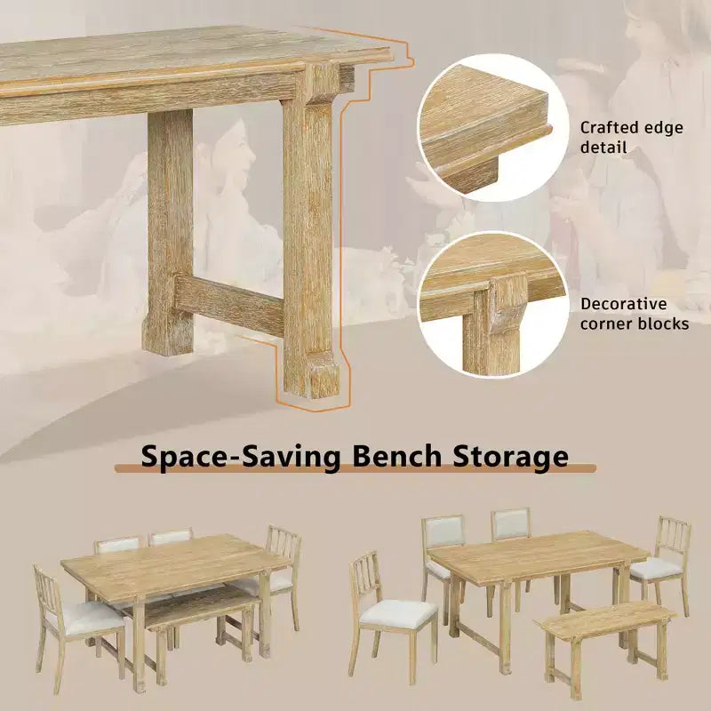 ModernLuxe set blagovaonskog stola sa 6 komada, blagovaonski set za 6 osoba, obiteljski kuhinjski stol sa ergonomskim tapeciranim blagovaonskim stolicama i klupom