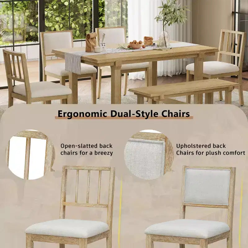 ModernLuxe set blagovaonskog stola sa 6 komada, blagovaonski set za 6 osoba, obiteljski kuhinjski stol sa ergonomskim tapeciranim blagovaonskim stolicama i klupom