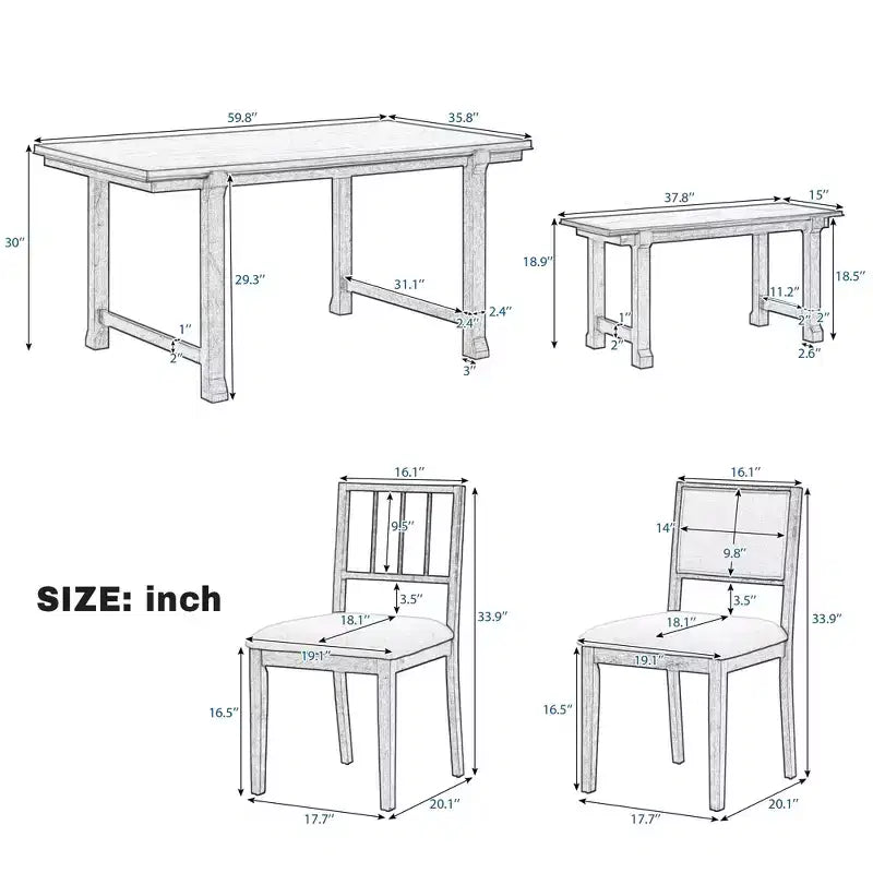 ModernLuxe set blagovaonskog stola sa 6 komada, blagovaonski set za 6 osoba, obiteljski kuhinjski stol sa ergonomskim tapeciranim blagovaonskim stolicama i klupom