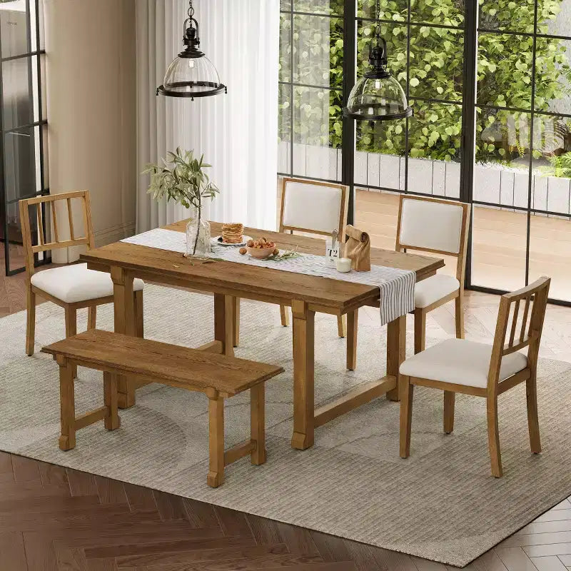 Sett tal-mejda tal-ikel ModernLuxe b’6 biċċiet, sett tal-ikel għal 6 persuni, sett tal-mejda tal-kċina għall-familja b’siġġijiet tal-ikel ikkuttunati ergonomiċi u bank