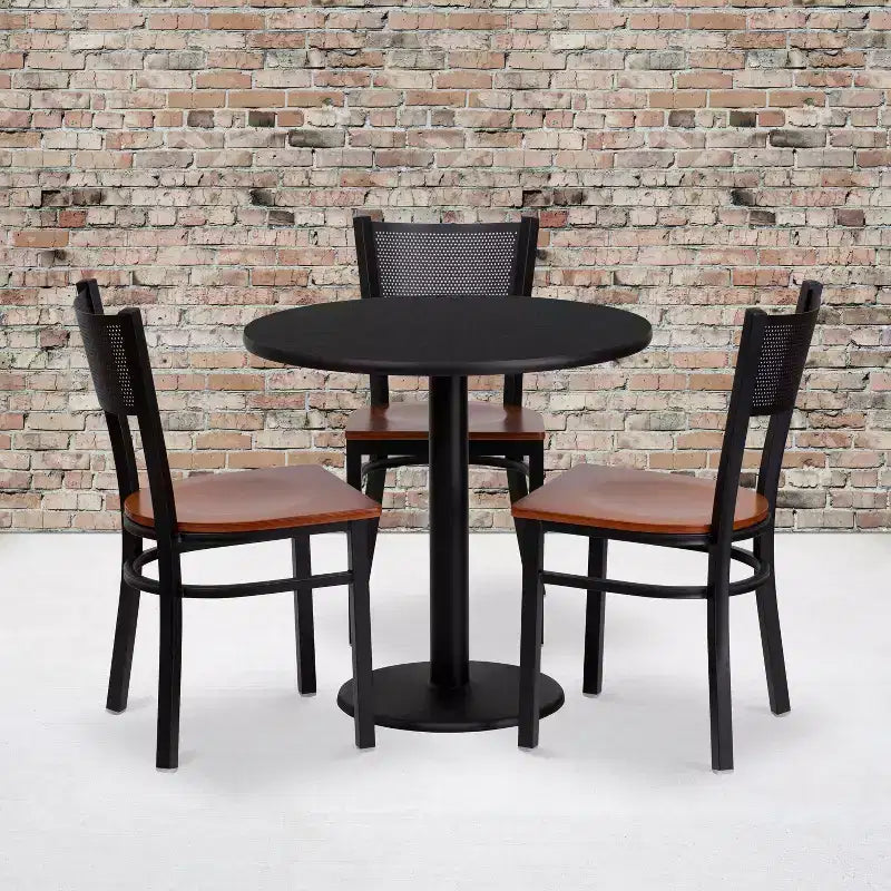 Flash Furniture 30'' ronde tafelset met zwart laminaatblad en 3 metalen stoelen met rasterrugleuning - zitting van kersenhout