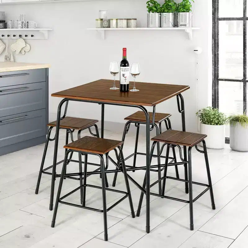 Costway 5-teiliges Bartisch-Set in Thekenhöhe mit 4 Hockern, rustikales Braun