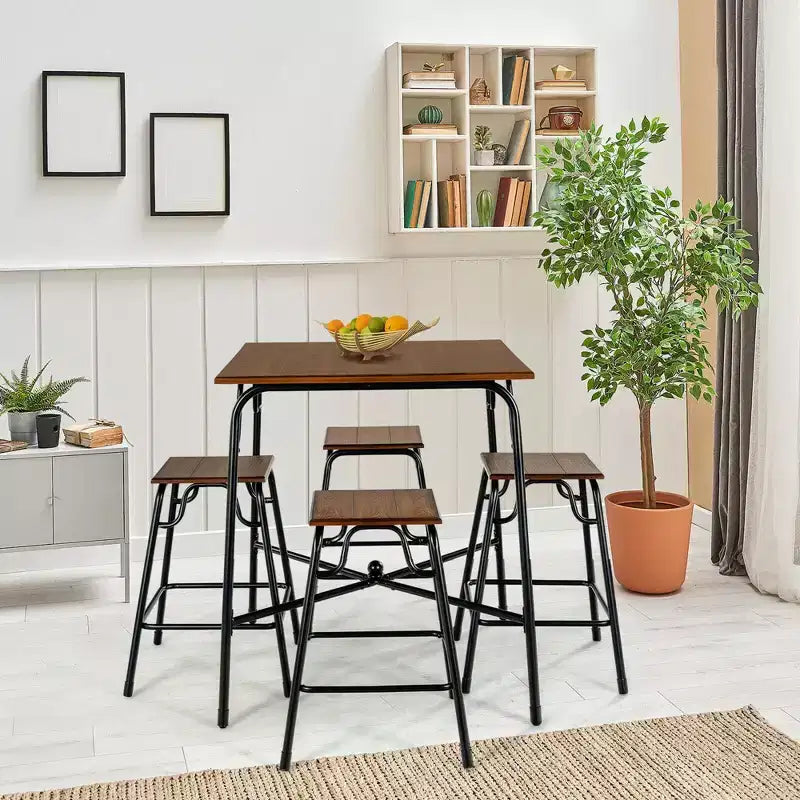 Costway 5-teiliges Bartisch-Set in Thekenhöhe mit 4 Hockern, rustikales Braun