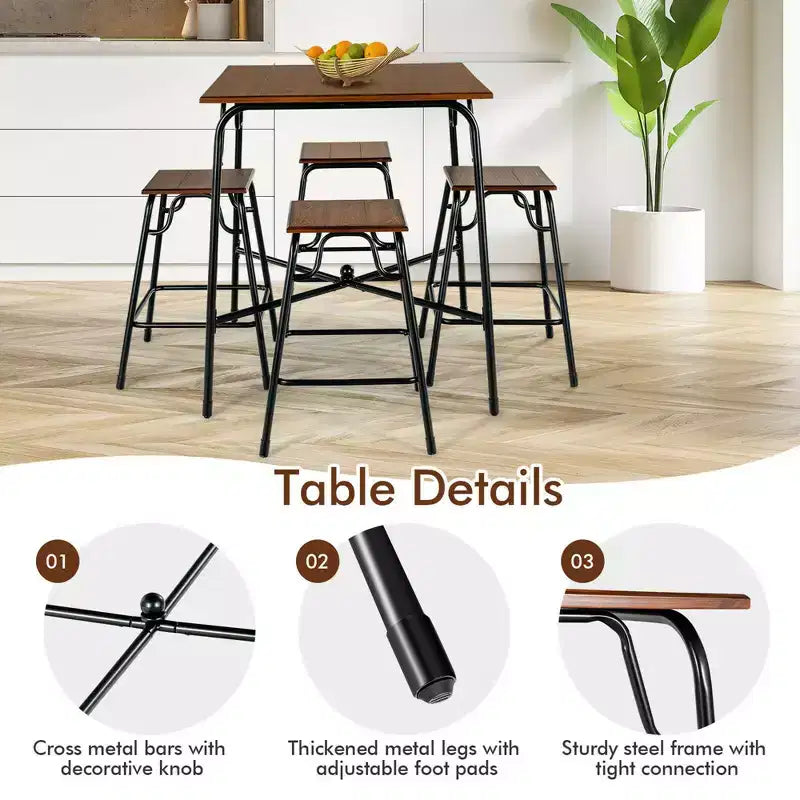 Costway 5-teiliges Bartisch-Set in Thekenhöhe mit 4 Hockern, rustikales Braun