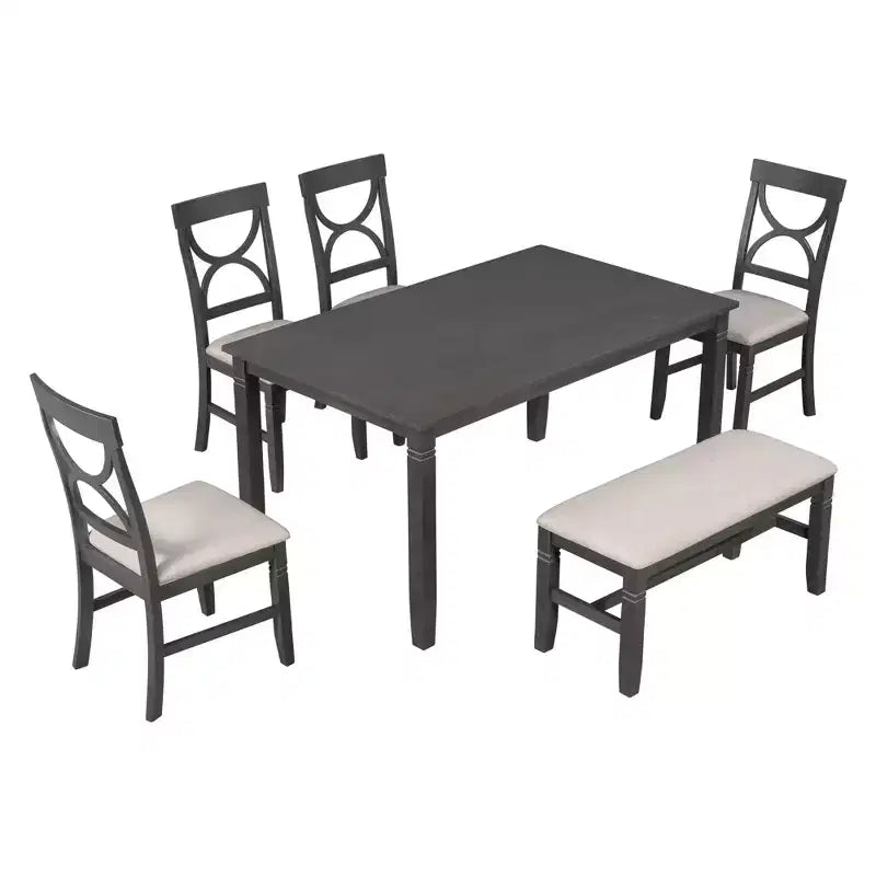 6-teiliges Farmhouse-Esszimmer-Set aus Holz mit Tisch und gepolsterten Stühlen - ModernLuxe