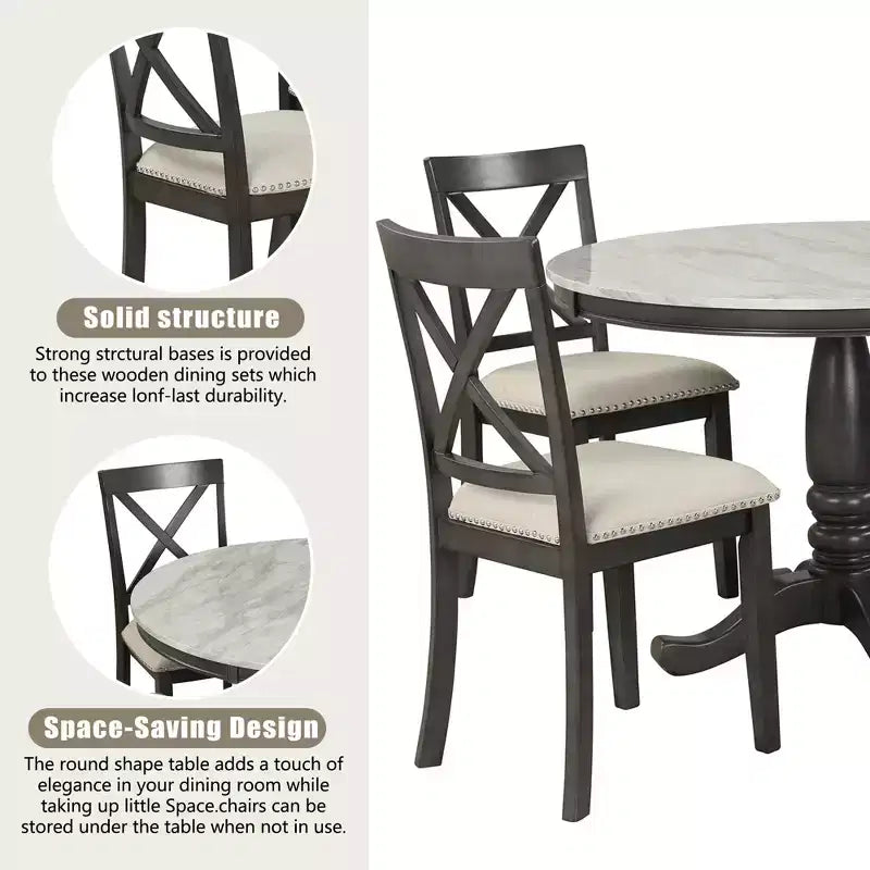 5-teiliges Esszimmerset mit Tisch aus Massivholz und 4 Stühlen, Grau - ModernLuxe