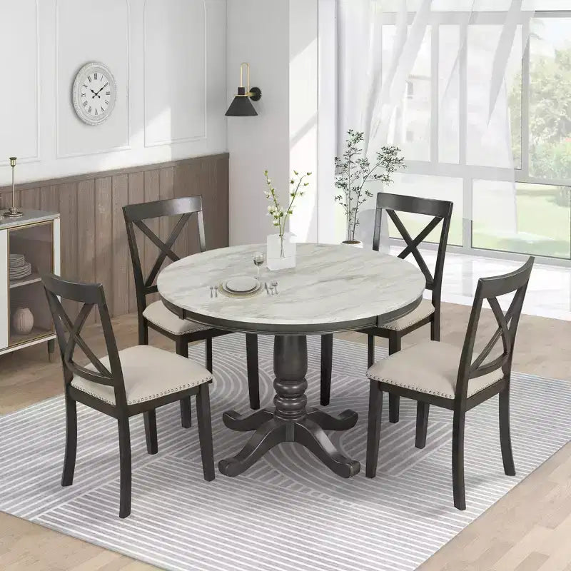 5-teiliges Esszimmerset mit Tisch aus Massivholz und 4 Stühlen, Grau - ModernLuxe
