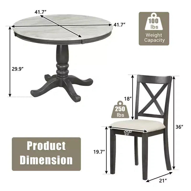 5-teiliges Esszimmerset mit Tisch aus Massivholz und 4 Stühlen, Grau - ModernLuxe
