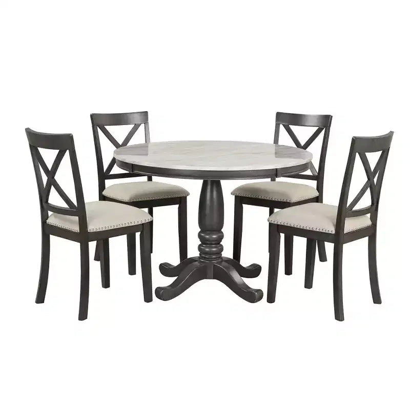 5-teiliges Esszimmerset mit Tisch aus Massivholz und 4 Stühlen, Grau - ModernLuxe