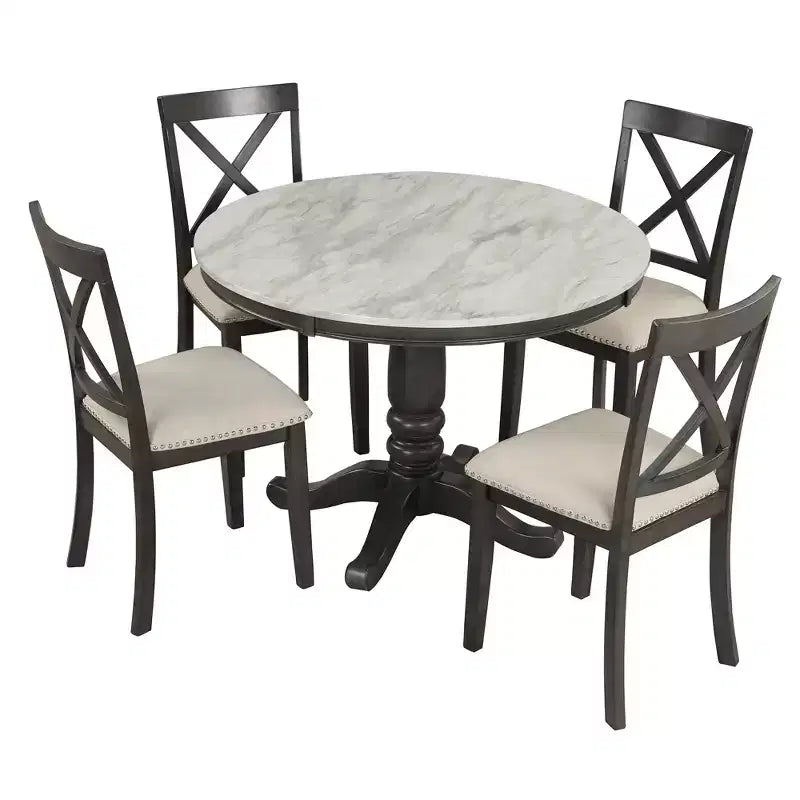 5-teiliges Esszimmerset mit Tisch aus Massivholz und 4 Stühlen, Grau - ModernLuxe