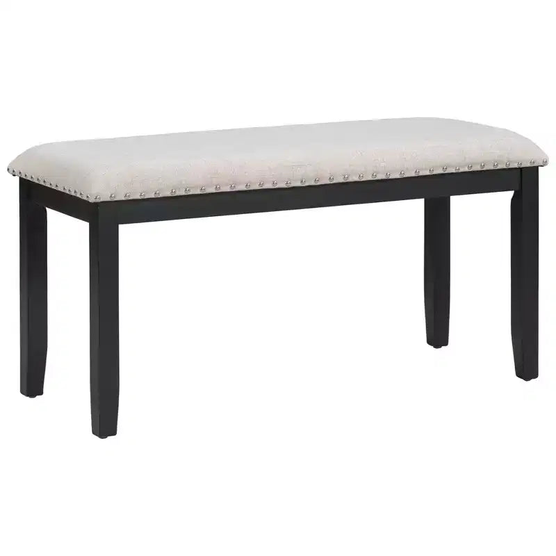 6-teiliges Esszimmer-Set aus Holz, rechteckiger Tisch mit V-förmigen Beinen, 4 gepolsterte Stühle und Sitzbank, Weiß-ModernLuxe