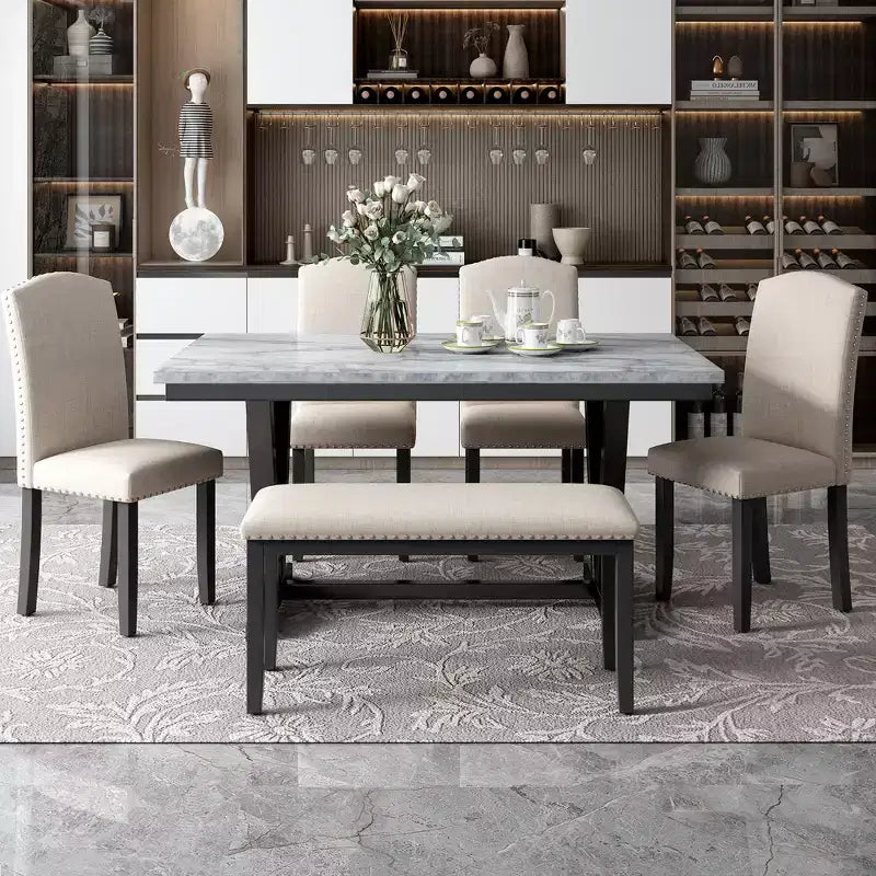 6-teiliges Esszimmer-Set aus Holz, rechteckiger Tisch mit V-förmigen Beinen, 4 gepolsterte Stühle und Sitzbank, Weiß-ModernLuxe