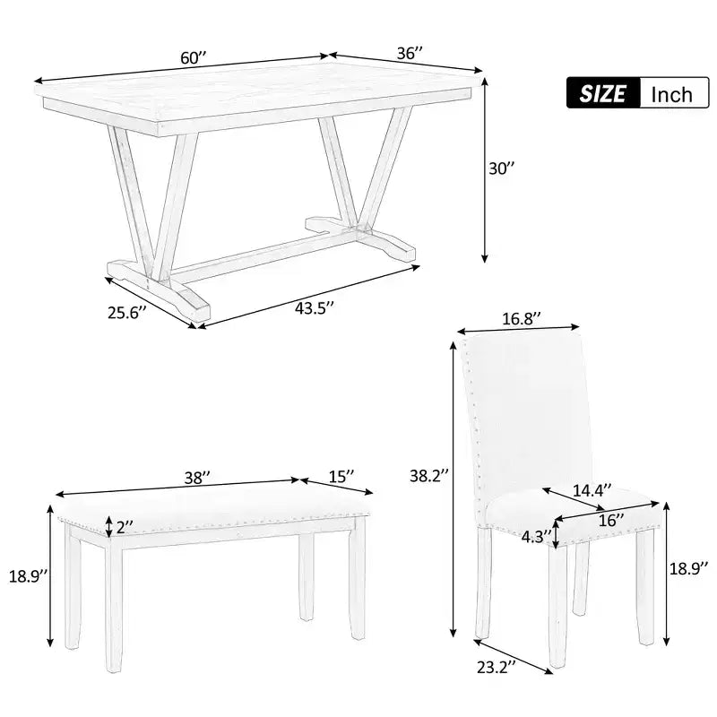 6-teiliges Esszimmer-Set aus Holz, rechteckiger Tisch mit V-förmigen Beinen, 4 gepolsterte Stühle und Sitzbank, Weiß-ModernLuxe