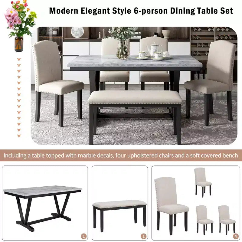 6-teiliges Esszimmer-Set aus Holz, rechteckiger Tisch mit V-förmigen Beinen, 4 gepolsterte Stühle und Sitzbank, Weiß-ModernLuxe