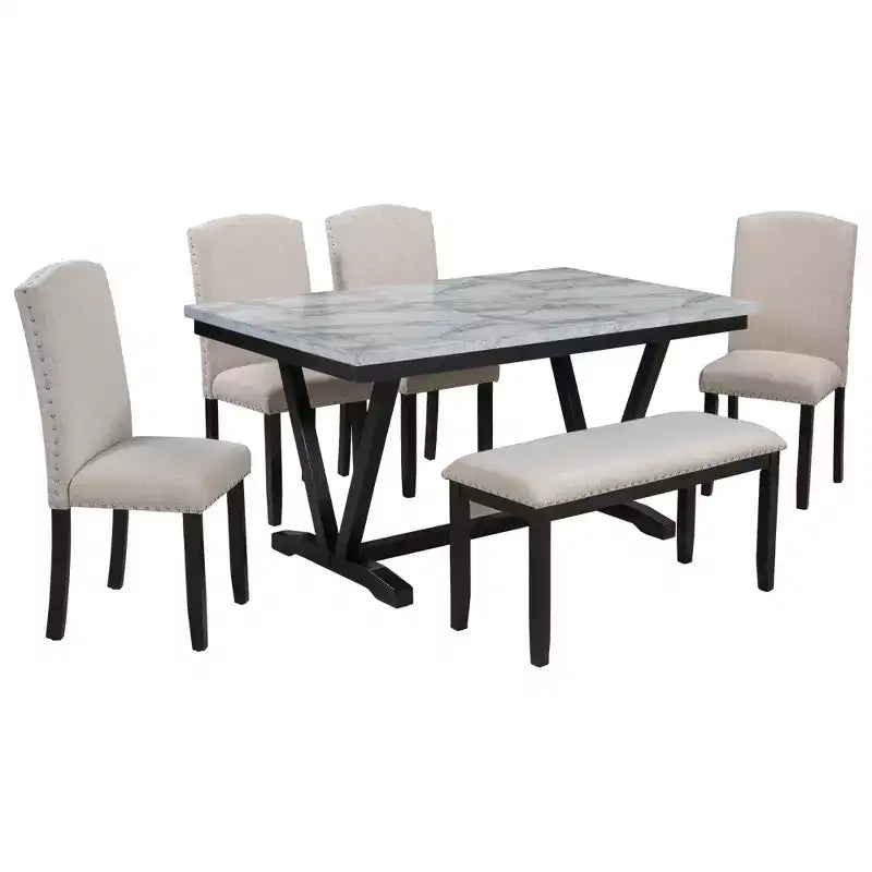 6-teiliges Esszimmer-Set aus Holz, rechteckiger Tisch mit V-förmigen Beinen, 4 gepolsterte Stühle und Sitzbank, Weiß-ModernLuxe