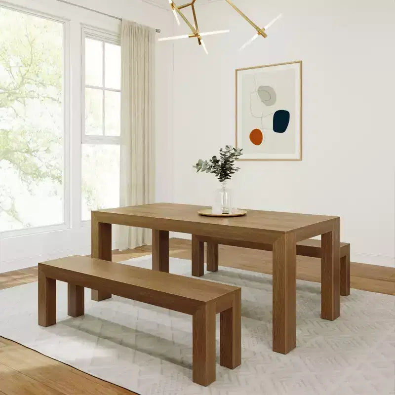Sett ta' mejda tal-ikel moderna tal-injam solidu Plank+Beam b'2 bankijiet għal 6 persuni