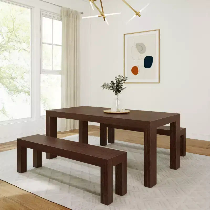 Sett ta' mejda tal-ikel moderna tal-injam solidu Plank+Beam b'2 bankijiet għal 6 persuni