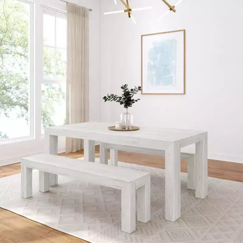 Sett ta' mejda tal-ikel moderna tal-injam solidu Plank+Beam b'2 bankijiet għal 6 persuni