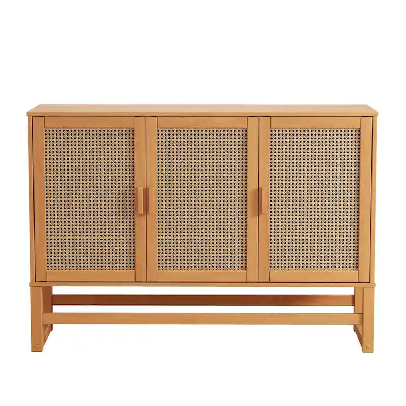 Credenza in legno di pino con ante in rattan intrecciato e due armadietti divisori
