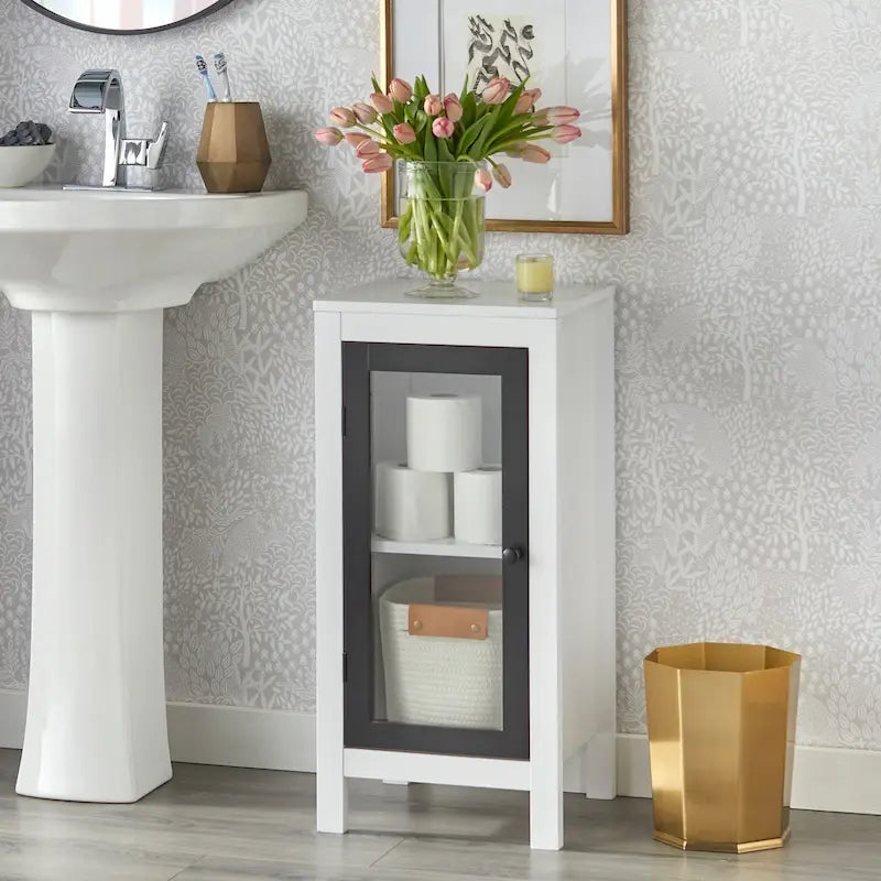 Mobiletto da bagno bianco con anta in vetro temperato